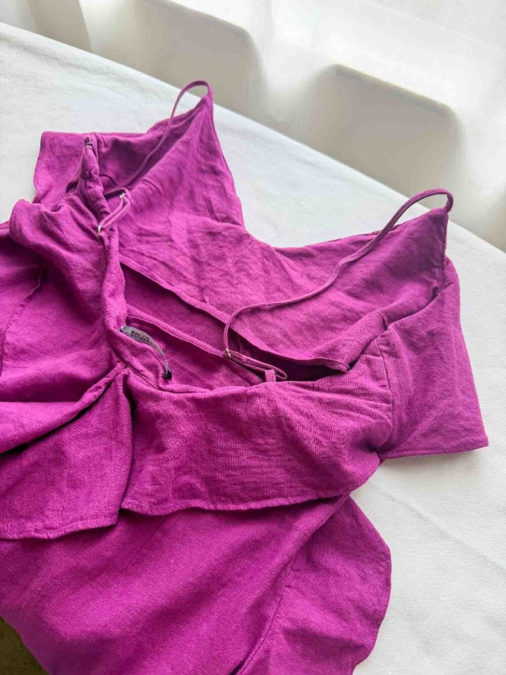 ZARA Linen Blend Ruffle Maxi Dress L Fuchsia Pink Front Slit Adjustable Straps - Picture 14 of 16
